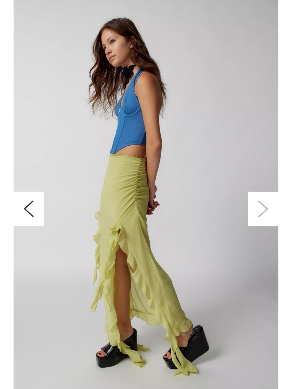 Lioness Lime Chiffon Maxi Skirt with Asymmetrical Hem, Ruching, and Ruffles - Picture 4 of 9